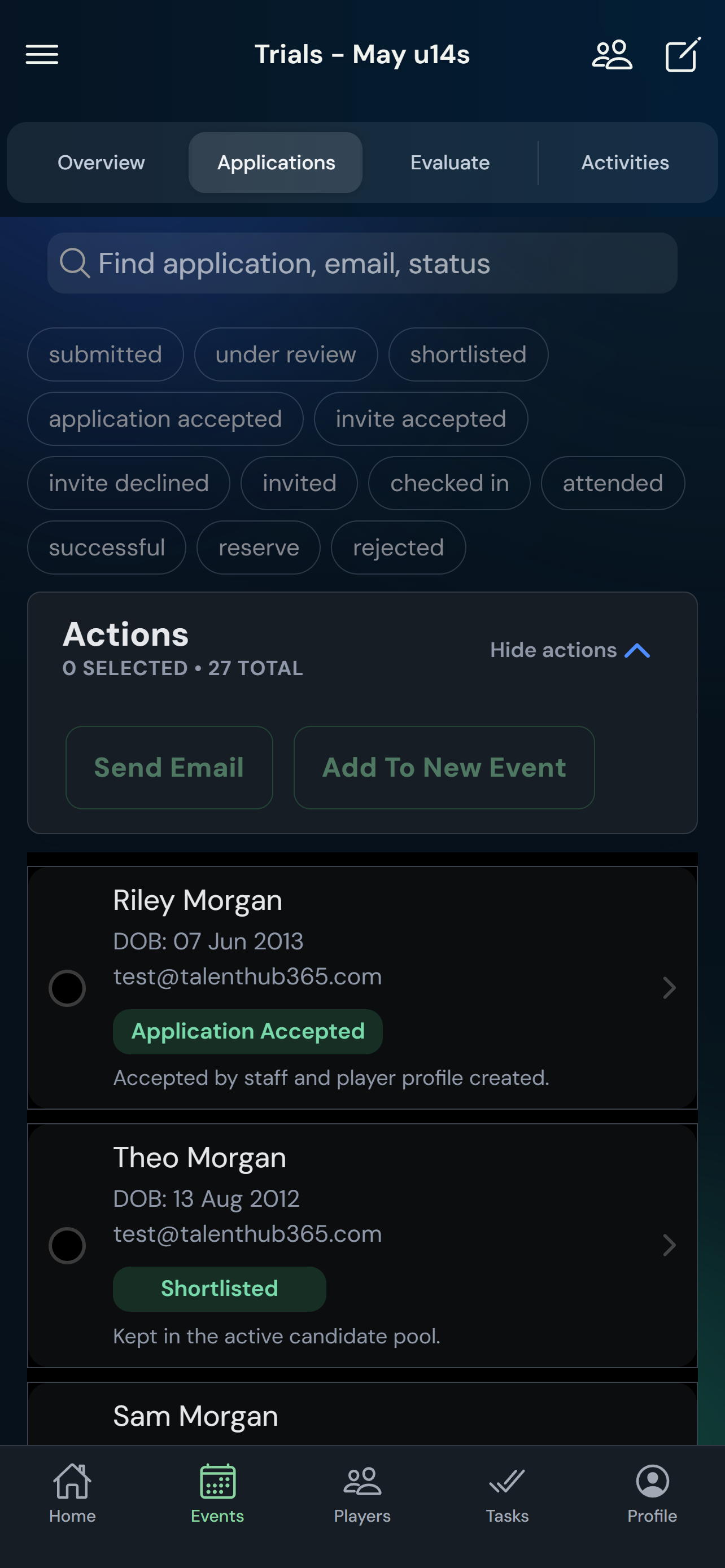 Event applications list with Submitted, Under Review, Invited, and Shortlisted statuses