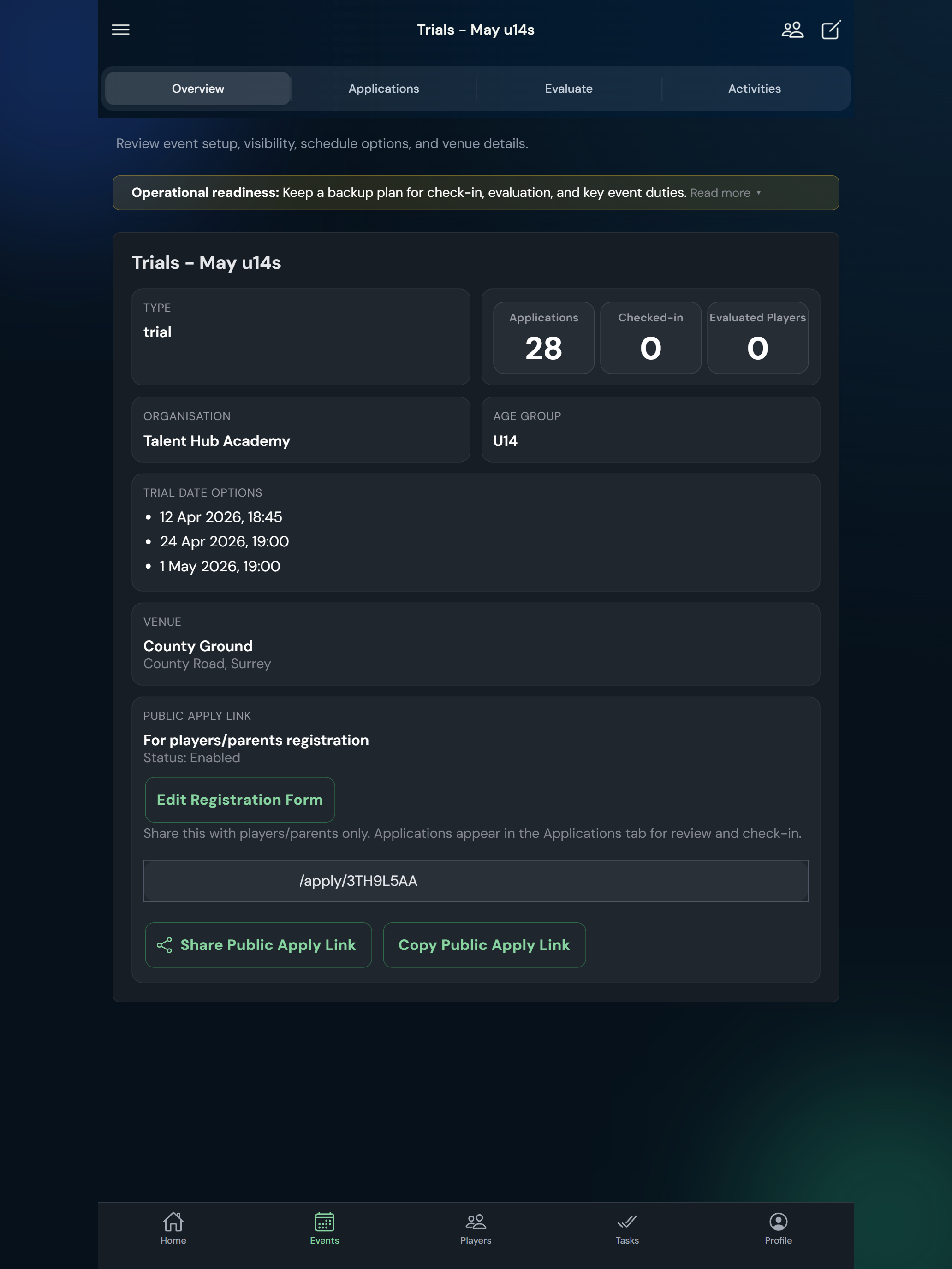Event overview screen on iPad showing applications, attendance, and venue details