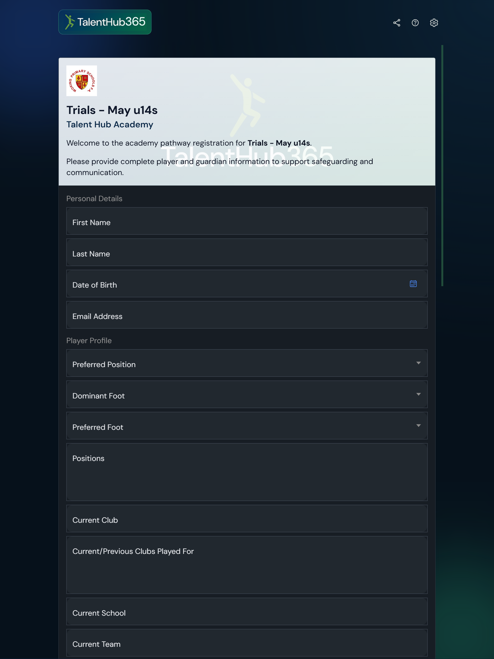 Public apply form on iPad with TalentHub365 branding and event details